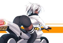 Rule 34 | 1girl, alternate costume, alternate hairstyle, bike shorts, bodysuit, bodysuit under clothes, commentary, dark-skinned female, dark skin, from behind, grey hair, hair ribbon, hairband, highres, motor vehicle, motorcycle, original, ponytail, ribbon, simple background, solo, sub-res, sweater, thighhighs, two-tone background, two-tone gloves, white sweater