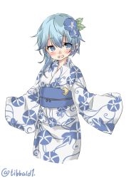 Rule 34 | 10s, 1girl, alternate costume, bad id, bad twitter id, blue eyes, blue hair, blush, cowboy shot, crescent, crescent pin, ebifurya, eyebrows, flower, hair between eyes, hair flower, hair ornament, highres, inactive account, japanese clothes, kantai collection, kimono, leaf, looking at viewer, matching hair/eyes, minazuki (kancolle), obi, open mouth, print kimono, sash, simple background, smile, solo, twitter username, white background, wide sleeves