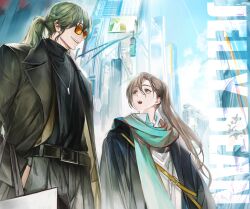 Rule 34 | 1boy, 1girl, absurdres, bag, belt, black coat, black shirt, blue scarf, boony2789, brown hair, building, city, coat, day, green eyes, green hair, hair between eyes, hands in pockets, highres, jewelry, necklace, open mouth, original, outdoors, scarf, shirt, shopping bag, smile, standing, sunglases, traffic light