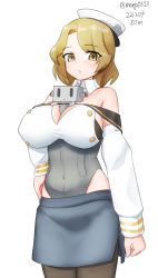 Rule 34 | 1girl, absurdres, between breasts, black pantyhose, breasts, brown eyes, cleavage, corset, cowboy shot, creature, detached collar, detached sleeves, grey skirt, hat, highres, houston (kancolle), kantai collection, large breasts, light brown hair, long hair, maru (marg0613), military, military uniform, naval uniform, pantyhose, peaked cap, pencil skirt, simple background, skirt, solo, thighband pantyhose, uniform, white background, white hat