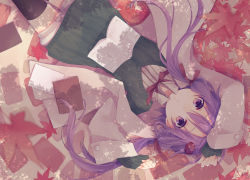 Rule 34 | 1girl, alternate costume, arms up, autumn leaves, black thighhighs, blurry, book, closed mouth, coat, depth of field, from above, hair ornament, hair ribbon, highres, kuroi (liar-player), leaf, long hair, long sleeves, looking at viewer, low twintails, lying, maple leaf, neck ribbon, on back, on ground, outdoors, purple eyes, purple hair, red ribbon, ribbon, shadow, solo, sweater, thighhighs, twintails, vocaloid, voiceroid, wing collar, yuzuki yukari