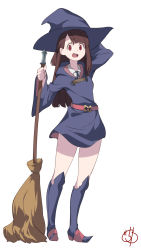 Rule 34 | 10s, 1girl, :d, arm behind head, arm up, belt, blunt bangs, boots, broom, brown hair, collared shirt, dress, full body, gochiwa, hat, highres, holding, holding broom, kagari atsuko, legs, little witch academia, long hair, long sleeves, looking at viewer, open mouth, red eyes, shirt, short dress, sidelocks, signature, simple background, smile, solo, standing, white background, wide sleeves, witch hat
