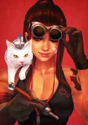 Rule 34 | 1girl, absurdres, arm tattoo, armband, breasts, brigitte (overwatch), brown hair, casual, cat, cleavage, earphones, freckles, gloves, goggles, goggles on head, highres, monori rogue, overwatch, overwatch 1, ponytail, red background, shoulder tattoo, sleeveless, smile, solo, tattoo, torn clothes, torn sleeves, upper body, whiskers