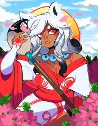 Rule 34 | 1girl, amaterasu (ookami), animal ears, artist name, bare shoulders, black hair, bridal gauntlets, calligraphy brush, dark skin, dark-skinned female, gradient hair, grey hair, japanese clothes, jewelry, kimono, lipstick, long hair, magatama, makeup, multicolored hair, necklace, off shoulder, ookami (game), oversized object, paintbrush, parted lips, personification, petals, queen ashi, red eyes, revision, solo, tattoo, white hair, wolf ears