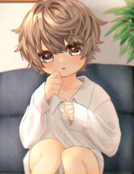 Rule 34 | 1boy, blush, brown eyes, brown hair, child, couch, head tilt, long sleeves, looking at viewer, male focus, open mouth, original, shirt, short hair, shorts, sitting, solo, toron 0812, white shirt