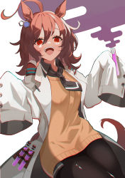 Rule 34 | 1girl, absurdres, agnes tachyon (umamusume), ahoge, animal ears, black legwear, brown hair, chemical structure, coat, collared shirt, cork, earrings, hair between eyes, highres, holding, holding test tube, horse ears, horse girl, horse tail, jewelry, lab coat, medium hair, messy hair, necktie, open clothes, open coat, open mouth, red eyes, sansai soba, shirt, single earring, sleeves past fingers, sleeves past wrists, solo, sweater, tail, test tube, umamusume, yellow sweater