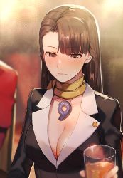 Rule 34 | 1girl, ace attorney, alcohol, aoki (fumomo), asymmetrical bangs, breasts, brown eyes, brown hair, cleavage, closed mouth, cup, earrings, formal, glass, holding, holding cup, jewelry, large breasts, long hair, magatama, magatama necklace, mia fey, mole, mole under mouth, necklace, office lady, scarf, skirt, skirt suit, suit, yellow scarf