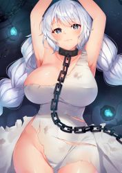 Rule 34 | 1girl, absurdres, areola slip, armpits, arms up, avrora (azur lane), avrora (shackled saule) (azur lane), azur lane, bare shoulders, blue eyes, blush, braid, breasts, chain, cleavage, closed mouth, covered erect nipples, cuffs, dress, hair between eyes, head tilt, heart, heart-shaped pupils, highres, injury, large breasts, long hair, looking at viewer, shackles, smile, solo, symbol-shaped pupils, torn clothes, torn dress, twin braids, u ronnta, very long hair, white dress