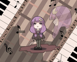 Rule 34 | 1girl, crescent, crescent hair ornament, epurasu, female focus, formal, grand piano, hair ornament, instrument, musical note, pant suit, pants, patchouli knowledge, piano, piano keys, purple eyes, purple hair, short hair, solo, suit, touhou