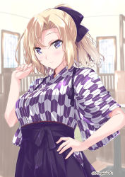 Rule 34 | 1girl, alternate costume, black hakama, blonde hair, blue eyes, blush, closed mouth, hakama, hand on own hip, hornet (kancolle), japanese clothes, kantai collection, kimono, long hair, looking at viewer, mikage takashi, smile, solo, twitter username, wide sleeves, window