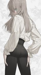 Rule 34 | 1girl, ass, black pants, blue eyes, eyelashes, floral background, from behind, hands on own hips, high-waist pants, highres, itou (very ito), light brown hair, long hair, long sleeves, looking to the side, original, pants, shirt, shirt tucked in, solo, white background, white shirt