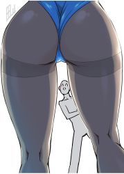 Rule 34 | 1boy, 1girl, ass, black pantyhose, blue leotard, blush stickers, cameltoe, close-up, commentary request, from behind, grin, head out of frame, highres, izayoi sakuya, kneepits, legs, leotard, lower body, pantyhose, smile, standing, tajima yuuki, thighband pantyhose, thighs, thong, touhou, view between legs, white background