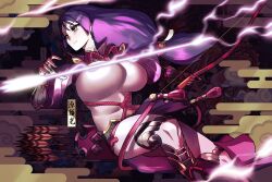 Rule 34 | 1girl, armor, arrow (projectile), black gloves, bodysuit, bow (weapon), breasts, elbow gloves, electricity, fate/grand order, fate (series), fingerless gloves, gloves, highres, japanese armor, kote, large breasts, long hair, looking to the side, minamoto no raikou (fate), monkey jon, parted bangs, pelvic curtain, purple bodysuit, purple eyes, purple hair, quiver, ribbed sleeves, rope, solo, tassel, very long hair, weapon