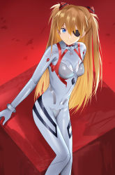Rule 34 | 1girl, :|, absurdres, arm behind back, blue eyes, bodysuit, breasts, closed mouth, commentary, evangelion: 3.0+1.0 thrice upon a time, eyepatch, hair between eyes, highres, interface headset, leaning forward, long hair, looking at viewer, neon genesis evangelion, orange hair, plugsuit, ponzu pon9, rebuild of evangelion, red background, skin tight, small breasts, solo, souryuu asuka langley, standing, two side up, v-shaped eyebrows, very long hair, white bodysuit