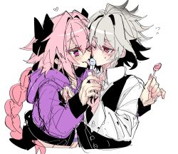 Rule 34 | 2boys, astolfo (fate), astolfo (memories at trifas) (fate), black bow, black vest, blush, bow, braid, buttons, candy, cheek-to-cheek, command spell, dress shirt, fang, fate/apocrypha, fate (series), flying sweatdrops, food, grey hair, hair between eyes, hair bow, hair intakes, haoro, heads together, heart, holding, holding candy, holding food, holding hands, holding lollipop, hood, hooded jacket, jacket, licking, lollipop, long braid, long hair, male focus, multiple boys, one eye closed, purple eyes, purple jacket, red eyes, sharing food, shirt, short hair, sieg (fate), simple background, single braid, skin fang, smile, sweatdrop, tongue, tongue out, upper body, vest, white background, white shirt, yaoi