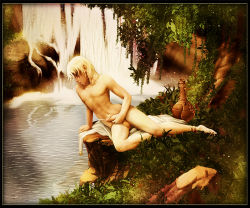 Rule 34 | 1boy, androgynous, barefoot, blonde hair, cum, earrings, ejaculation, jewelry, male focus, masturbation, muhamaru yuni, narcissism, necklace, nude, outdoors, penis, plant, reflection, river, solo, tree, uncensored, vase, water, waterfall, white hair