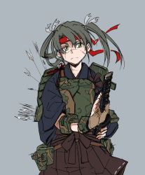 Rule 34 | 10s, 1girl, armor, arrow (projectile), brown gloves, brown skirt, camouflage, cowboy shot, expressionless, facial mark, fingerless gloves, gloves, gmgt (gggggg3), grey background, hakama, hakama skirt, headband, japanese clothes, kantai collection, katana, long sleeves, muneate, pleated skirt, ribbon, scar, serious, sheath, shoulder pads, simple background, skirt, solo, sword, twintails, unsheathing, weapon, zuikaku (kancolle)