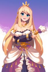Rule 34 | 1girl, artist name, bare shoulders, blonde hair, blue eyes, breasts, chelle (dragalia lost), cleavage, cowboy shot, crossed arms, detached sleeves, dragalia lost, dress, hand fan, highres, holding, holding fan, long hair, looking at viewer, mole, mole under eye, open mouth, solo, teeth, tiara, upper teeth only, very long hair, yokura (yukilina)