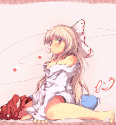 Rule 34 | 1girl, aruu (memories), bad id, bad pixiv id, bare shoulders, barefoot, between legs, blonde hair, bottomless, bow, cushion, dress shirt, female focus, fujiwara no mokou, hair bow, hand between legs, highres, off shoulder, red eyes, shirt, sitting, solo, touhou, translation request, wariza