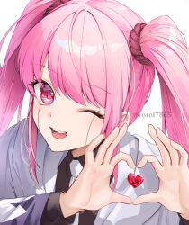 Rule 34 | 1girl, black shirt, collared shirt, facial mark, heart, heart hands, looking at viewer, love cute, mashle, necktie, one eye closed, open mouth, pink eyes, pink hair, robe, rorol7865, shadow, shirt, solo, teeth, twintails, twitter username, upper teeth only