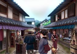 Rule 34 | 6+girls, blue kimono, chonmage, clear sky, commentary request, day, food, hair ornament, hairclip, hat, history, house, ichiren takushou, japanese clothes, kimono, multiple girls, open window, original, plate, shiba inu, shop, sign, sky, straw hat, string of flags, tofu, topknot, translation request, window, zantetsu (gesogeso)