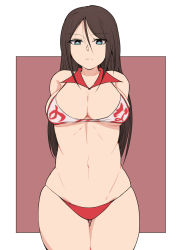 Rule 34 | 1girl, arms behind back, bikini, black hair, blue eyes, breasts, character name, cleavage, closed mouth, clothes writing, commentary, cowboy shot, frown, girls und panzer, highres, large breasts, long hair, looking at viewer, navel, nonna (girls und panzer), outside border, red bikini, skindentation, solo, standing, string bikini, swept bangs, swimsuit, zannen hero