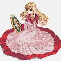 Rule 34 | 1girl, blonde hair, breasts, dbzdq2, dragon quest, dragon quest ii, dress, full body, highres, long hair, long sleeves, looking at viewer, medium breasts, mirror, princess of moonbrook, red eyes, robe, simple background, skin tight, solo, white background, white robe