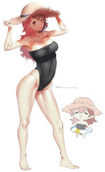 Rule 34 | 1girl, absurdres, black one-piece swimsuit, breasts, brown eyes, brown hair, casual one-piece swimsuit, cleavage, full body, hat, heterochromia, highleg, highleg swimsuit, highres, large breasts, long hair, looking at viewer, lulu-chan92, multicolored hair, neo politan, one-piece swimsuit, pink eyes, pink hair, rwby, shiny skin, simple background, solo, standing, straw hat, swimsuit, two-tone hair, white background, white hair