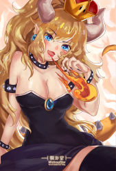 Rule 34 | 1girl, armlet, bare shoulders, black collar, black dress, blonde hair, blue eyes, blush, bowsette, bracelet, breasts, chest jewel, cleavage, collar, dress, high ponytail, horns, jewelry, large breasts, lipstick, long hair, makeup, mario (series), new super mario bros. u deluxe, nintendo, spiked armlet, spiked bracelet, spiked collar, spikes, super crown, teeth, thighhighs