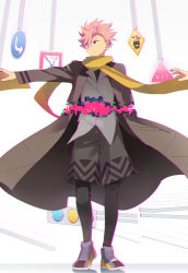 Rule 34 | 1boy, black legwear, coat, full body, grey vest, hair between eyes, highres, id invaded, looking to the side, male focus, pink hair, road sign, sakaido, scarf, shoes, sign, slippery when wet sign, sneakers, spiked hair, standing, stop sign, takerusilt, traffic light, vest, white background, yellow scarf
