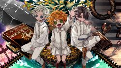 Rule 34 | 1girl, 2boys, arm up, azzz (7334080), black hair, blouse, book, brown footwear, button eyes, buttons, chain, collared shirt, commentary request, emma (yakusoku no neverland), flower, grey hair, hand up, highres, identity v, looking at viewer, multiple boys, neck tattoo, norman (yakusoku no neverland), number tattoo, open book, orange hair, pants, ray (yakusoku no neverland), shirt, shoes, short hair, sitting, skirt, tattoo, white pants, white shirt, white skirt, wide shot, yakusoku no neverland, yellow flower