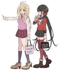 Rule 34 | 2girls, ahoge, akamatsu kaede, bag, black sailor collar, blonde hair, brown hair, bubble tea, copyright name, danganronpa (series), danganronpa v3: killing harmony, drinking, fortissimo, from side, full body, hair ornament, harukawa maki, highres, holding, holding bag, kneehighs, long hair, looking at another, low twintails, multiple girls, musical note, musical note hair ornament, musical note print, necktie, open mouth, pink sweater vest, pink vest, pleated skirt, pointing, profile, purple eyes, red eyes, red necktie, red scrunchie, red thighhighs, sailor collar, school uniform, scrunchie, shirt, shopping bag, skirt, socks, sweater vest, thighhighs, twintails, very long hair, vest, walking, white background, white shirt, xiao (grsnss25)