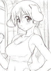 Rule 34 | 1girl, animal ears, bare shoulders, blush, dog ears, exercising, gertrud barkhorn, gochou (kedama), greyscale, hand on own hip, hip focus, looking back, midriff, monochrome, navel, sketch, solo, strike witches, sweat, tank top, twintails, world witches series