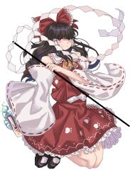 Rule 34 | 1girl, bow, closed mouth, commentary, detached sleeves, english commentary, full body, gohei, hair bow, hair tubes, hakurei reimu, highres, holding, looking at viewer, moonii desu, ofuda, paw print, red bow, red eyes, red skirt, ribbon-trimmed sleeves, ribbon trim, shide, sidelocks, simple background, skirt, smile, solo, touhou, unfinished dream of all living ghost, white background, wide sleeves