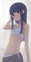 Rule 34 | 1girl, blue hair, bra, breasts, closed mouth, clothes pull, commentary request, grey skirt, highres, hiroki (yyqw7151), long hair, looking at viewer, navel, panties, purple eyes, shima rin, skirt, skirt pull, small breasts, solo, underwear, white bra, white panties, yurucamp