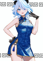 Rule 34 | 1girl, ahoge, black gloves, blue dress, blue eyes, blue hair, blush, china dress, chinese clothes, closed mouth, covered navel, dragon print, dress, furina (genshin impact), genshin impact, gloves, hair between eyes, hair over one eye, hand on own hip, hand up, highres, looking at viewer, medium hair, multicolored hair, ramachiru, simple background, solo, streaked hair, tongue, tongue out, white background, white hair