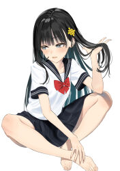 Rule 34 | 1girl, aqua hair, barefoot, black hair, black skirt, blunt bangs, blush, bow, bowtie, collarbone, colored inner hair, crossed legs, eyelashes, feet, full body, grey eyes, hair ornament, hand up, hands on feet, highres, leaning forward, long hair, looking to the side, mizo-chan (yamahara), multicolored hair, open mouth, original, pleated skirt, red bow, red bowtie, school uniform, shadow, shirt, short sleeves, sidelocks, signature, simple background, sitting, skirt, smile, solo, toenails, toes, white background, white shirt, yamahara