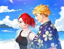 Rule 34 | 1boy, 1girl, beach, black tank top, blonde hair, blush, cloud, couple, day, earrings, genderswap, genderswap (mtf), granblue fantasy, green eyes, hawaiian shirt, jacket, jewelry, looking at another, looking at viewer, open clothes, open jacket, open mouth, outdoors, percival (granblue fantasy), ponytail, red eyes, red hair, satoimo sanda, see-through, see-through jacket, shirt, short hair, sky, smile, tank top, undercut, upper body, vane (granblue fantasy)