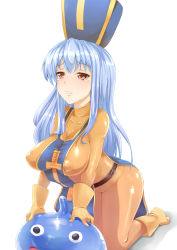Rule 34 | 1girl, blue hair, blush, bodysuit, boots, breasts, chunsoft, dragon quest, dragon quest iii, enix, covered erect nipples, gloves, hat, highres, large breasts, latex, latex gloves, long hair, mitre, nipples, priest (dq3), red eyes, skin tight, slime (dragon quest), solo, tabard, tipo (tipoplaza)