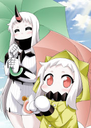 Rule 34 | 10s, 2girls, ^ ^, abyssal ship, blue sky, claws, closed eyes, cloud, cloudy sky, colored skin, commentary request, contemporary, covered mouth, day, detached sleeves, closed eyes, height difference, holding, horns, kantai collection, long hair, looking at viewer, mittens, multiple girls, northern ocean princess, raincoat, red eyes, seaport princess, single horn, sky, snail, umbrella, white hair, white skin, yamato nadeshiko