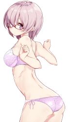 Rule 34 | 1girl, absurdres, adjusting eyewear, alternate costume, ass, bare arms, bare shoulders, blush, bra, collarbone, cowboy shot, fate/grand order, fate (series), floral print, from behind, glasses, gluteal fold, hair over one eye, hamaken. (novelize), highres, lavender bra, lavender panties, leaning forward, looking at viewer, mash kyrielight, midriff, navel, panties, purple eyes, purple hair, red-framed eyewear, short hair, side-tie panties, simple background, solo, stomach, thighs, underwear, underwear only, white background