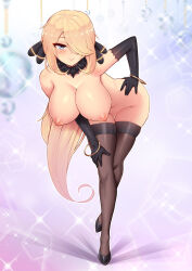 Rule 34 | blonde hair, blue eyes, breasts, creatures (company), cynthia (pokemon), feather boa, female focus, game freak, hair ornament, hair over one eye, hand on own hip, high heels, highres, large breasts, long hair, nintendo, nude, pokemon, pokemon dppt, smile, thighhighs, topless, virus-g
