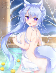 1girl :o ameto_yuki animal_ear_fluff animal_ears artist_name blue_hair blush breasts commentary_request convenient_censoring covering_privates english_text fox_ears fox_girl fox_tail hair_between_eyes kitsune-san_(ameto_yuki) large_breasts long_hair looking_at_viewer looking_back nude_cover onsen open_mouth original purple_eyes sideboob snow solo standing steam steam_censor tail tower very_long_hair watermark