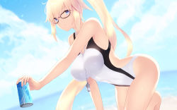 Rule 34 | 1girl, black-framed eyewear, blue sky, blurry, blurry background, blush, breasts, cait aron, can, collarbone, competition swimsuit, covered navel, day, fate/grand order, fate (series), glasses, hair between eyes, highres, hip focus, jeanne d&#039;arc (fate), jeanne d&#039;arc (ruler) (fate), jeanne d&#039;arc (swimsuit archer) (fate), jeanne d&#039;arc (swimsuit archer) (second ascension) (fate), large breasts, long hair, looking at viewer, ocean, one-piece swimsuit, parted lips, ponytail, sky, solo, swimsuit, thighs, very long hair, whistle, whistle around neck, white one-piece swimsuit