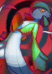 Rule 34 | 1girl, absurdres, bags under eyes, bob cut, chakabis, chromatic aberration, collarbone, colored skin, cowboy shot, creatures (company), dutch angle, female focus, flat chest, game freak, gardevoir, gen 3 pokemon, glitch, green hair, green skin, hair over one eye, highres, looking at viewer, multicolored skin, nintendo, one eye covered, open mouth, orange eyes, pokemon, pokemon (creature), red background, ribs, ringed eyes, short hair, solo, spiral background, standing, two-tone skin, white skin