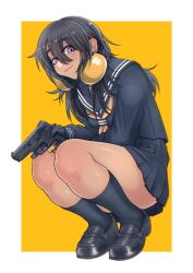 Rule 34 | 1girl, black footwear, black gloves, black hair, black sailor collar, black serafuku, black shirt, black skirt, black socks, brown neckerchief, cb (c-board), closed mouth, commentary request, full body, gloves, gun, hair between eyes, handgun, headphones, headphones around neck, highres, holding, holding gun, holding weapon, loafers, long hair, looking at viewer, neckerchief, original, pleated skirt, purple eyes, sailor collar, school uniform, serafuku, shirt, shoes, skirt, smile, socks, solo, squatting, thick eyebrows, two-tone background, weapon, white background, yellow background
