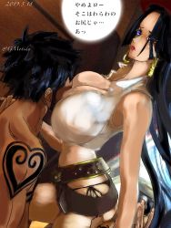 Rule 34 | 1boy, 1girl, black hair, boa hancock, breast smother, breasts, cleavage, face to breasts, gmotida, huge breasts, large breasts, long hair, one piece, tattoo, trafalgar law, underboob