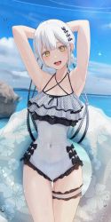Rule 34 | 1girl, :d, absurdres, armpits, arms behind head, arms up, bad id, bad pixiv id, black bow, blue sky, bow, casual one-piece swimsuit, collarbone, covered navel, cowboy shot, day, grey one-piece swimsuit, hair bun, highres, inaka 44, innertube, layered swimsuit, looking at viewer, ocean, one-piece swimsuit, open mouth, original, outdoors, polka dot, short hair, single hair bun, sky, smile, solo, swim ring, swimsuit, thigh gap, thigh strap, water, white hair, yellow eyes