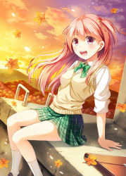 Rule 34 | 1girl, autumn, autumn leaves, blonde hair, blouse, bow, bowtie, breasts, checkered clothes, checkered skirt, collared shirt, from side, green bow, green bowtie, long hair, looking at viewer, miniskirt, noe noel, open mouth, original, outdoors, school uniform, shirt, sitting, skirt, sleeves rolled up, small breasts, smile, solo, sweater vest, two side up, uniform, white legwear, white shirt