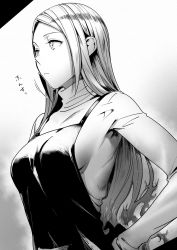Rule 34 | 1girl, apron, breasts, commentary request, covered collarbone, expressionless, greyscale, highres, long hair, long sleeves, medium breasts, monochrome, original, puyo (puyotopia), solo, straight hair, sweater, translation request, turtleneck, turtleneck sweater, upper body